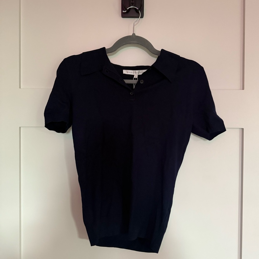 Anthropologie Endless Rose Navy Fitted Button Down Polo